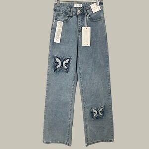 Bamboo Jeans Wide Leg Womens  0 Blue Butterfly Patch High Rise Boho Y2K Denim